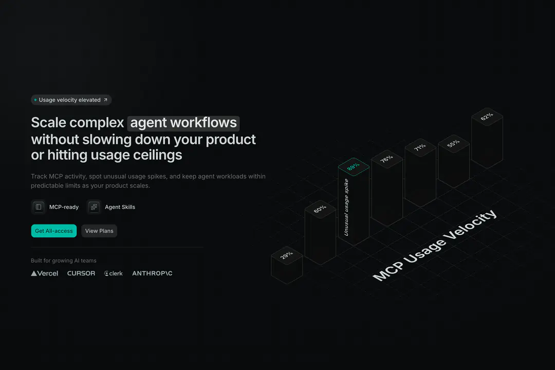 MCP Usage Hero: Dark MCP usage hero with an animated isometric bar chart and a flagged usage spike